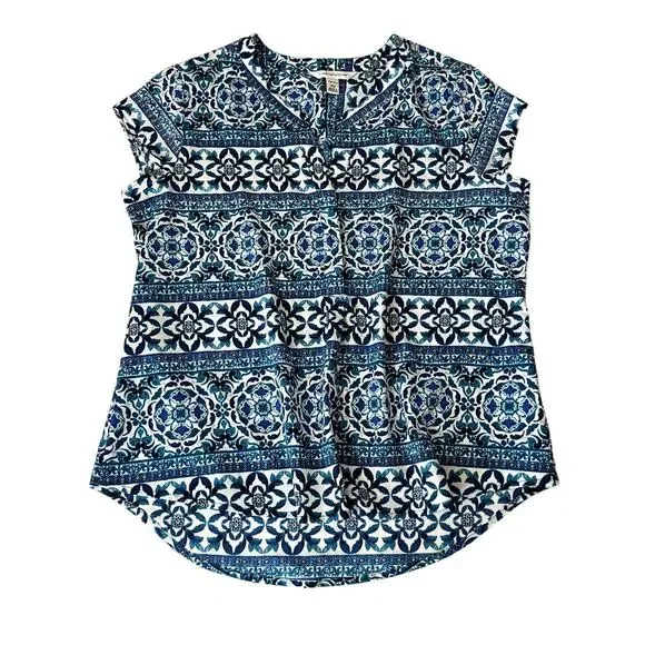 Women's Short Sleeved Patterned Blue Top Size - Picture 1 of 4
